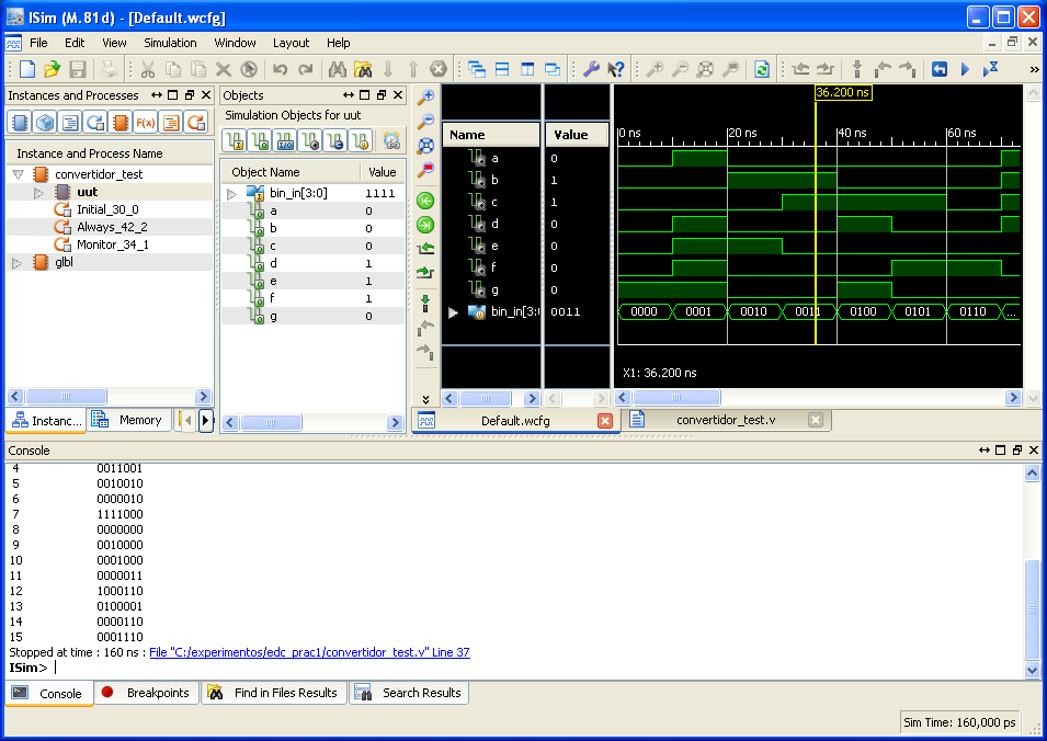 Sistemas Digitales Avanzados 12 Figura 9. Simulación del convertidor binario 7 segmentos con ISim.