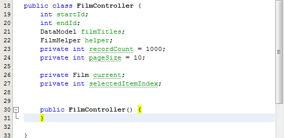 2. Agregue el siguiente código (en negrita) para crear la instancia FilmController y recuperar las películas.