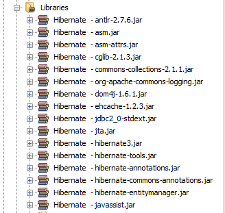 Si expande el nodo Bibliotecas en la ventana de Proyectos, se puede ver que el IDE añade las bibliotecas de Hibernate para el proyecto.