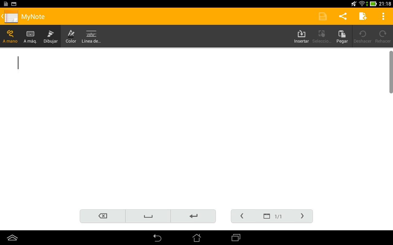 Interfaz de cuaderno de SuperNote Compartir una Pulsar para volver a la pantalla anterior Guardar la página página Agregar una página Configuración Barra de herramientas