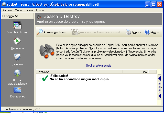 Programa Spybotsd Tras instalar el programa (Spybotsd162.exe) se ejecuta y se escanea, el programa permite realizar una copia de seguridad del registro y actualizar el programa al iniciarse.