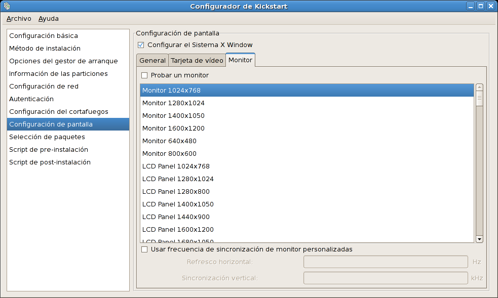 Red Hat Enterprise Linux 5 Installation Guide Figura 29.12. Configuración- T arjeta de vídeo 29.8.3. Monitor After configuring the video card, click on the Monitor tab as shown in Figura 29.