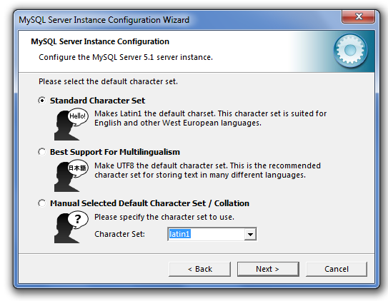 12.- Indicaremos el juego de caracteres que se utilizará por defecto en MySQL Server, en nuestro caso "Standard Character Set", pulsaremos clic sobre el botón para continuar: 13.