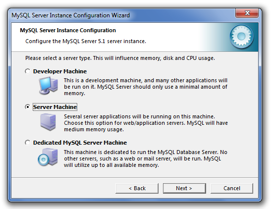 7.- En primer lugar indicaremos el tipo de servidor de MySQL Server que queramos dar al equipo en el que se instala marcaremos una de las tres opciones: Developer Machine: marcaremos esta opción si