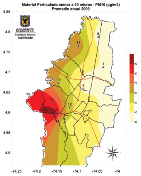 Figura 14. Distribución geográfica de la concentración de PM10 para el 2009. Fuente: Plan Decenal de Descontaminación del Aire.(Beherentz, Eduardo. Et Al., 2010) Con respecto a PM 2.