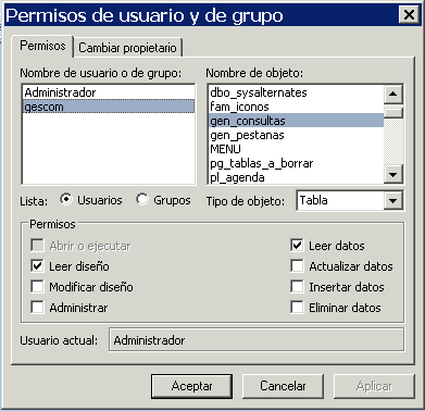Los permisos de los diferentes usuarios o grupos creados se asignan a los diferentes tipos de objetos. Como ejemplo mostrado en la imagen 4.