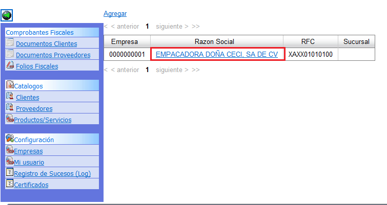 Se mostrará la siguiente pantalla, dar clic en la opción de Razon social.