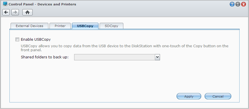 Guía del usuario de Synology DiskStation Copia de seguridad de datos en un dispositivo USB o en una tarjeta SD Puede ir a Menú principal > Panel de control > Dispositivos e impresoras para