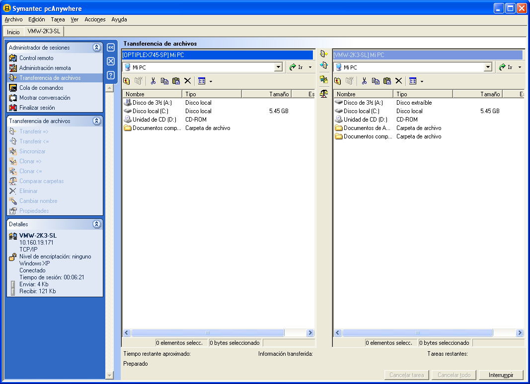 186 Transferencia de archivos y carpetas Acerca de la transferencia de archivos de pcanywhere En la Figura 7-1, se muestra la ventana Transferencia de archivos.