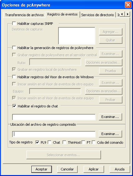 Monitoreo y grabación de las sesiones Monitoreo de sucesos en Symantec pcanywhere 261 Almacenar registro de pcanywhere en servidor central Debe especificar la ubicación del servidor y la información