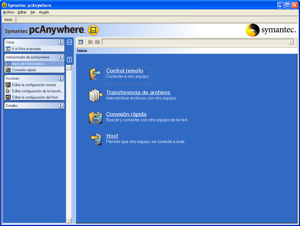 32 Navegación en Symantec pcanywhere Seleccionar un modo de vista en Symantec pcanywhere Vista avanzada La opción Vista avanzada le permite tener acceso a las herramientas y opciones de configuración