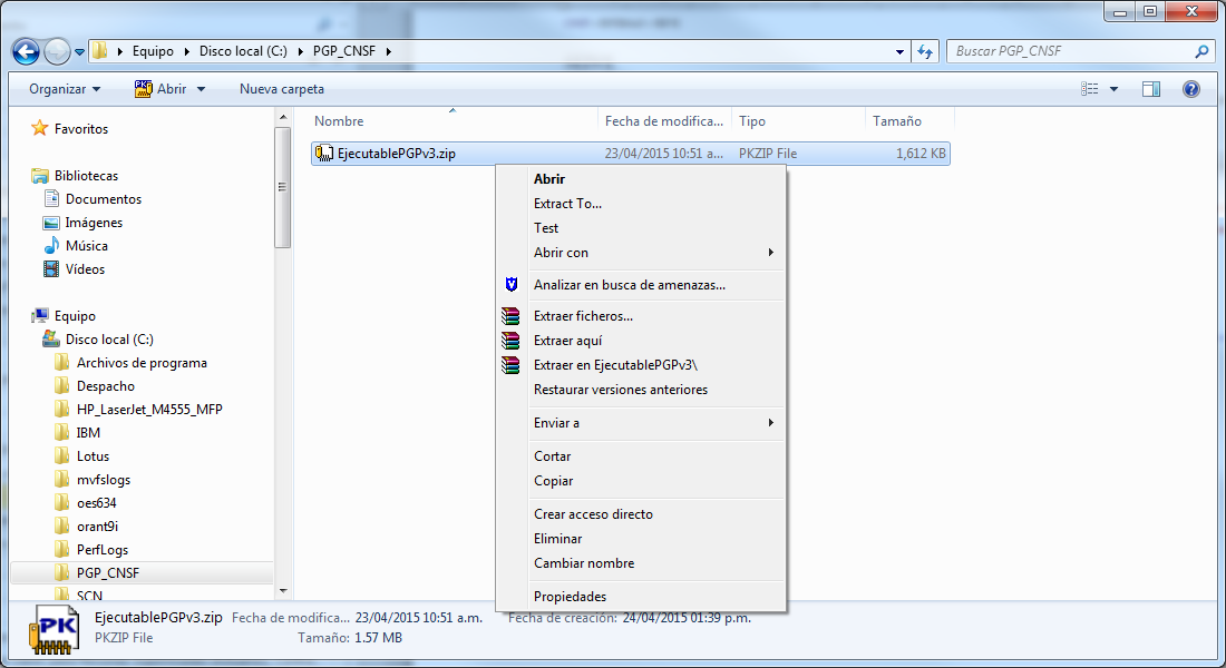 Instalación del Ejecutable PGP Se deben extraer los archivos contenidos en el archivo EjecutablePGPv3.zip.