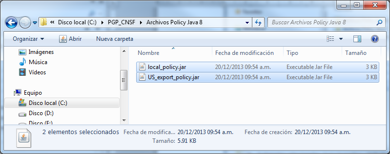 Archivos Policy Java 7 Archivos Policy Java 8 Que corresponden a los archivos policy de Java, para cada una de las versiones soportadas por el PGP.