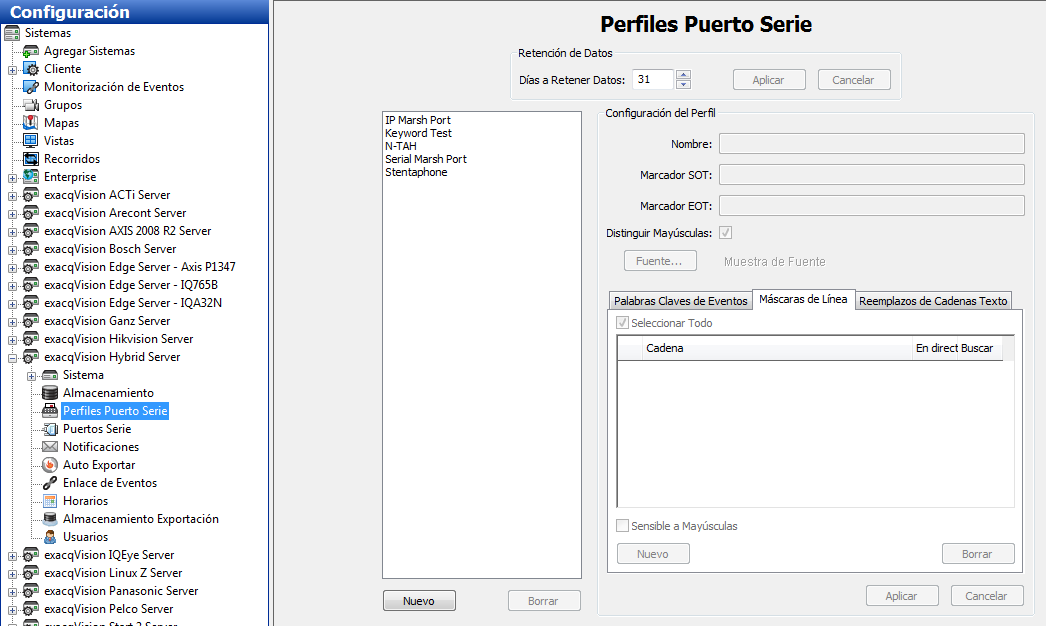 Perfiles seriales La página de Perfiles Seriales permite al servidor exacqvision la integración con los dispositivos de datos en serie, como punto de venta (POS) y las máquinas de sistemas bancarios.
