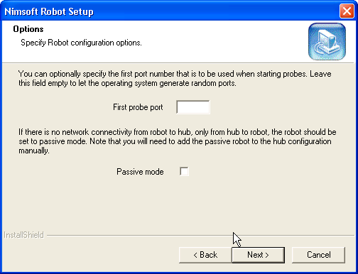 Instalación de la infraestructura de Nimsoft en Windows 5. Seleccione la dirección IP y haga clic en Siguiente. 6. Aparecerá la pantalla Opciones.
