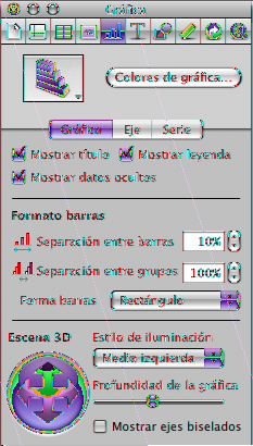 Para ajustar la configuración de la escena 3D utilizando el Inspector de la gráfica: 1 Seleccione una gráfica en 3D, haga clic en Inspector en la barra de herramientas, haga clic en el botón