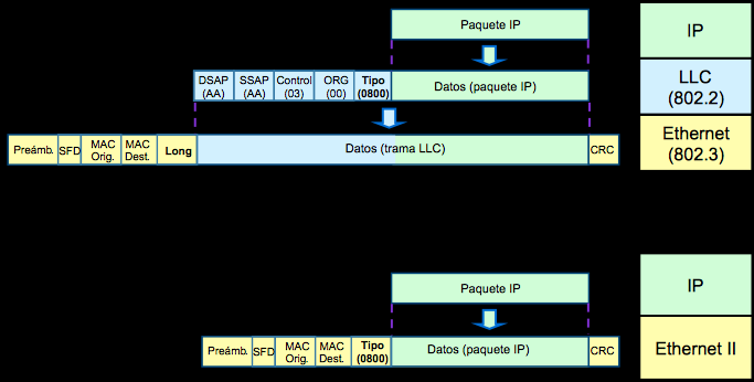 Protocolo de enlace LLC Ethernet II vs. IEEE 802.3 Encapsulado de IP sobre LLC (802.2) y Ethernet (802.