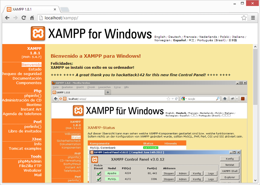 Una vez inicializados los servicios se procede a la configuración de XAMPP, para esto se puede acceder desde cualquier navegador web a la dirección http://localhost ó http://127.0.