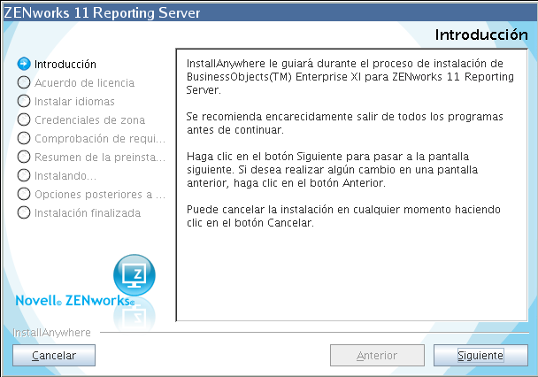 Configuración de ZENworks Reporting Server 1 En el asistente de ZENworks Reporting Server, lea la introducción y haga clic en Siguiente.