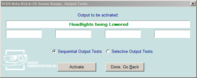 V1 En "Advanced Functions" seleccionar "Output Tests - 03" V2 Marcamos la casilla "Sequential output tests" V3 Hacemos click sobre "Start/Next" y dirá "Headlights being lowered".