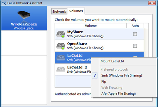El asistente LaCie Network Assistant proporciona un icono verde para hacerle saber que el recurso compartido o volumen USB está instalado (Fig. 42).