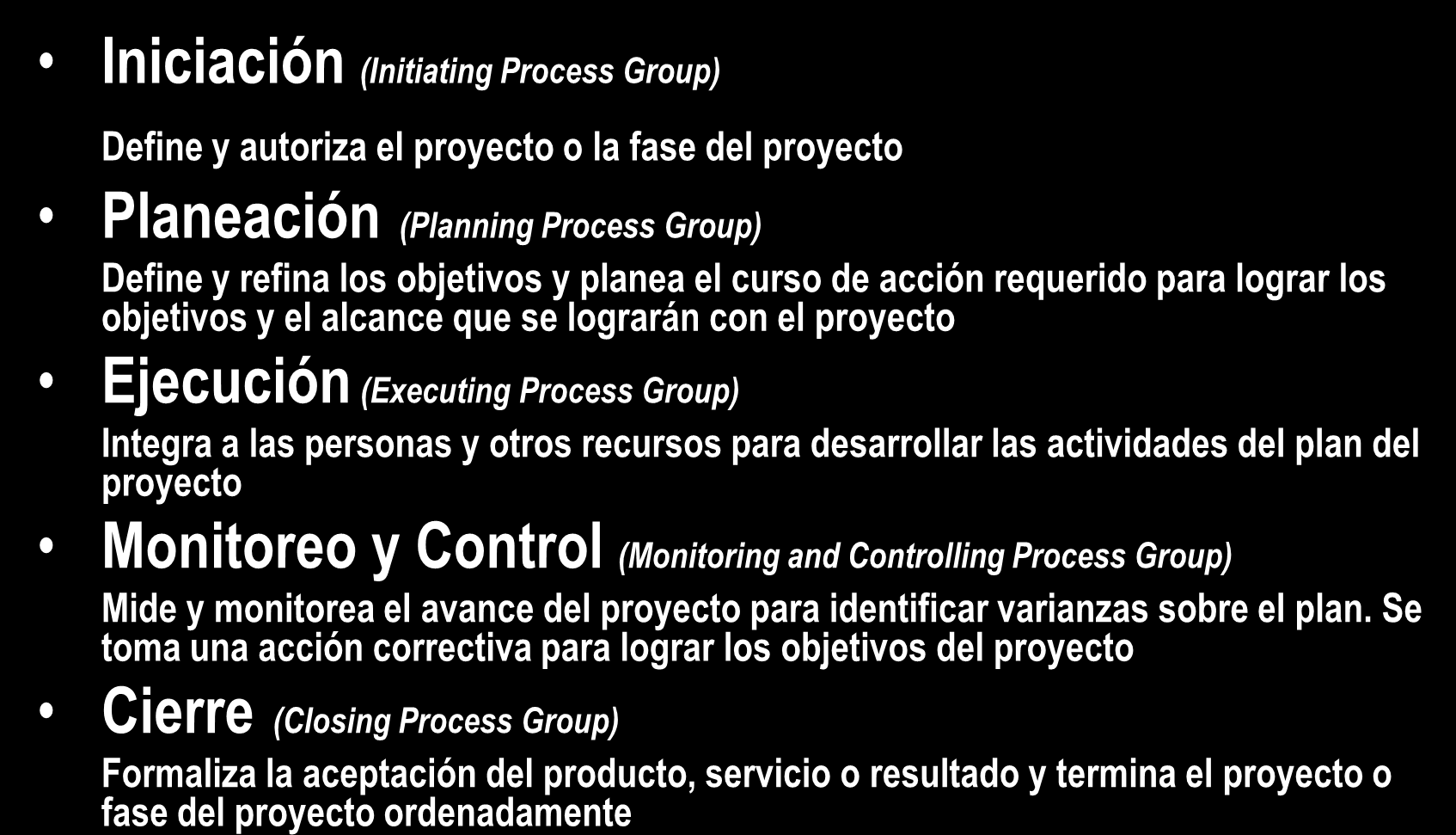 Procesos de la Administración Iniciación (Initiating Process Group) de Proyectos Define y autoriza el proyecto o la fase del proyecto Planeación (Planning Process Group) Define y refina los objetivos