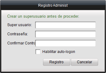 4. Registro de Administrador/Súper Usuario La primera vez que ivms-4200 se inicia, es necesario registrar un usuario administrador/súper usuario para iniciar sesión en el sistema. Figura 4.