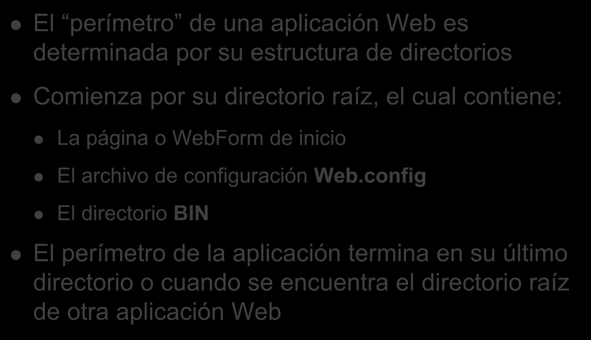 Estructura de las aplicaciones Web El perímetro de una aplicación Web es determinada por su estructura de directorios Comienza por su directorio raíz, el cual contiene: La página o WebForm