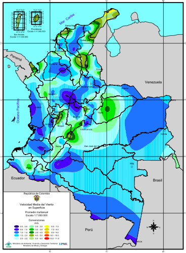 Mapa 8: Velocidad de Viento en Superficie. Fuente: Atlas de Viento y de Energía Eólica de Colombia (UPME, IDEAM, 2006).