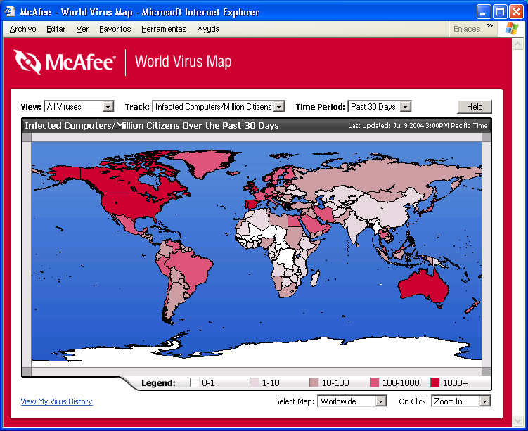 Información automática sobre virus Visualización del World Virus Map Participe o no en el World Virus Map, puede consultar los últimos índices de infecciones a escala mundial por medio del icono de
