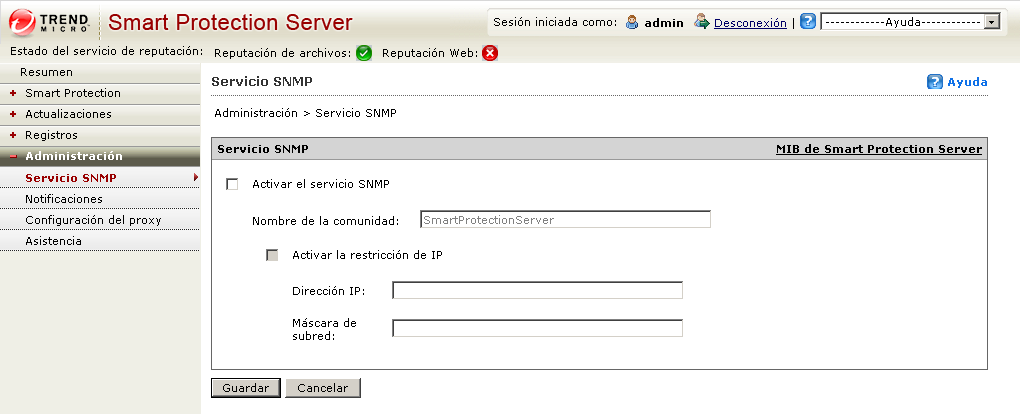 Usar el servidor de protección inteligente Para configurar el servicio SNMP: Ruta de navegación: Administración > Servicio SNMP 1. Seleccione la casilla de verificación Activar el servicio SNMP. 2.