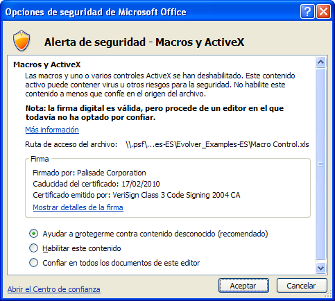 Mensaje de advertencia de seguridad de macros al iniciar el programa Microsoft Office proporciona varias configuraciones de seguridad (en Herramientas>Macro>Seguridad) para evitar que se ejecuten