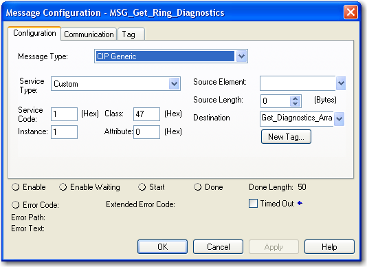 Capítulo 3 Monitoree una red DLR Monitoree los diagnósticos mediante instrucciones MSG También puede obtener información de diagnósticos de red programáticamente mediante instrucciones MSG en el