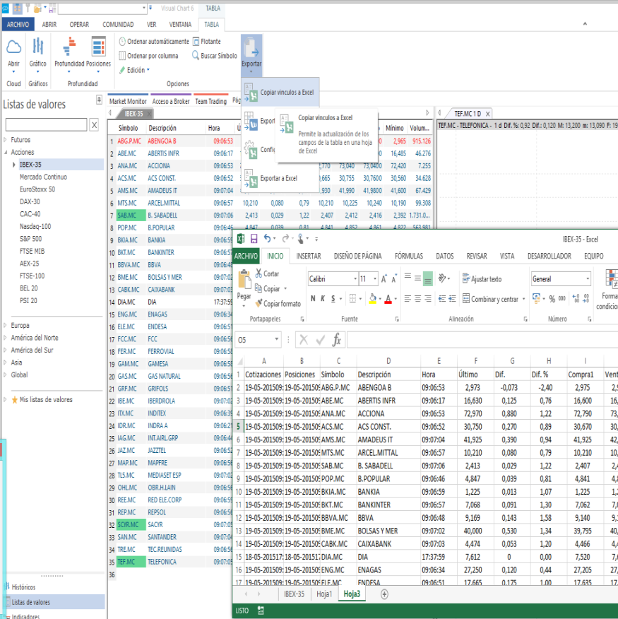 EXPORTAR DATOS A EXCEL. Enlace DDE Podemos exportar a Excel los datos de una lista de valores usando los comandos del grupo Exportar (menú Tabla).