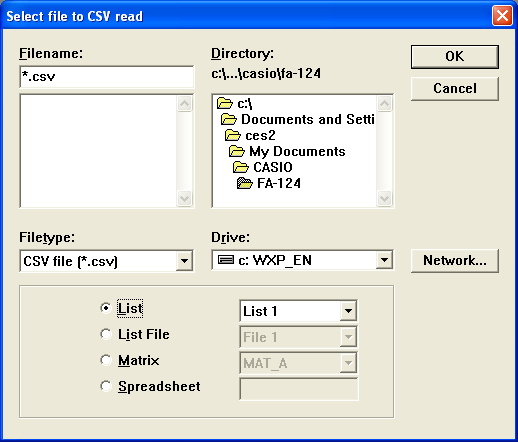 6. Conversión de datos k Para convertir datos csv a datos de calculadora 1. Seleccione [File] - [CSV-Load from CSV]. 2. Seleccione los datos csv que desea convertir. 3.