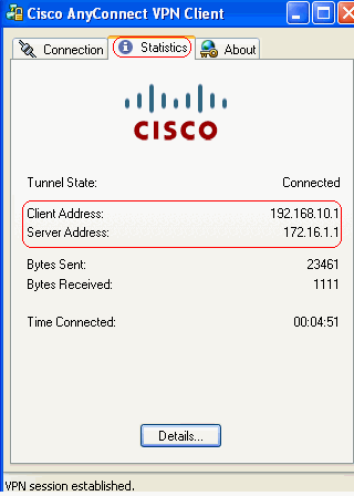 Esta ventana aparece y proporciona información sobre la conexión SSL. Por ejemplo, 192.168.10.