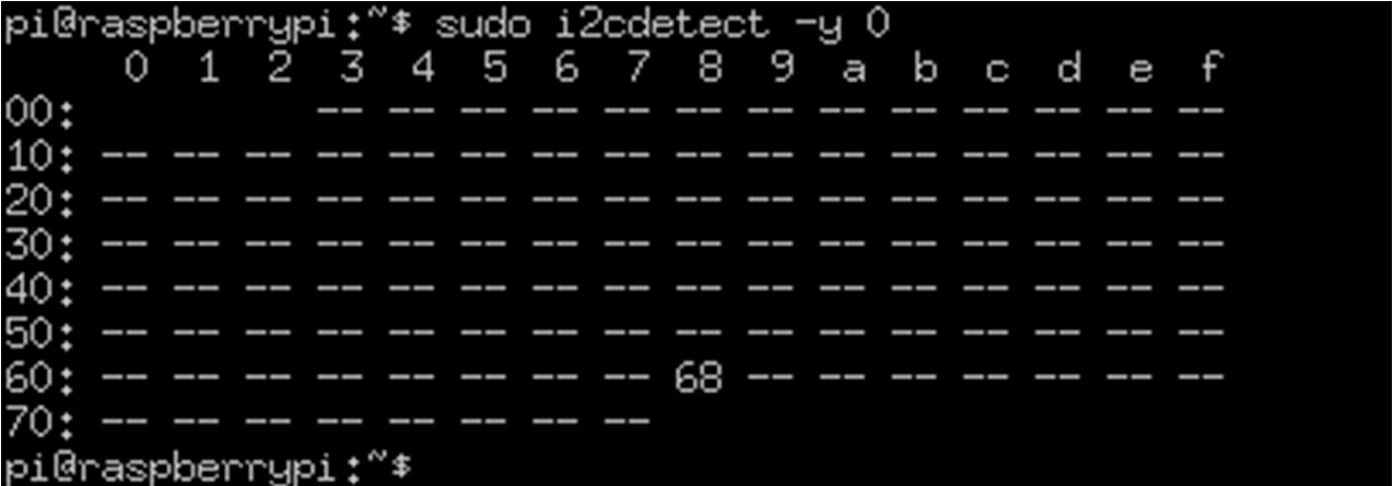 sudo i2cdetect -y 1 Figura 45 Direcciones de memoria usadas por I2C La imagen anterior muestra la dirección de memoria que está siendo usada, 0x68 corresponde a la dirección del DS1307 Si se está