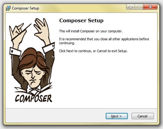 Instalar Composer en Windows: Descarga el instalador desde aquí o desde la página oficial (para desconfiados), ejecútalo y presiona: siguiente, siguiente, finalizar.