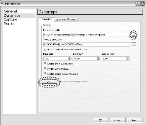 Figura A.11 Inicio de Comprobación de Path de Dynamips 2) En la ventana que aparece hacer un clic sobre Dynamips para obtener la pestaña donde se muestra la ubicación de Dynamips.