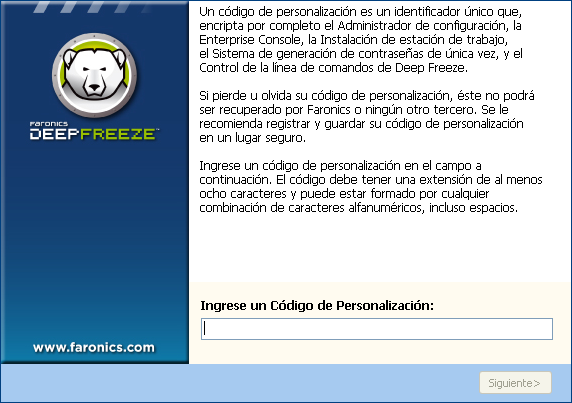 18 Instalacion de Deep Freeze 7. Una vez que el proceso de instalacion esta completo, aparece la pantalla Codigo de personalizacion. 8.