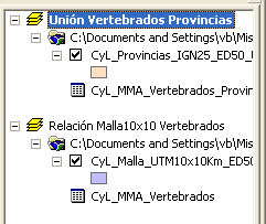 Se despliega un documento que contiene un archivo con los límites de provincia de Castilla y León y una tabla de vertebrados censados en esta región. 2.