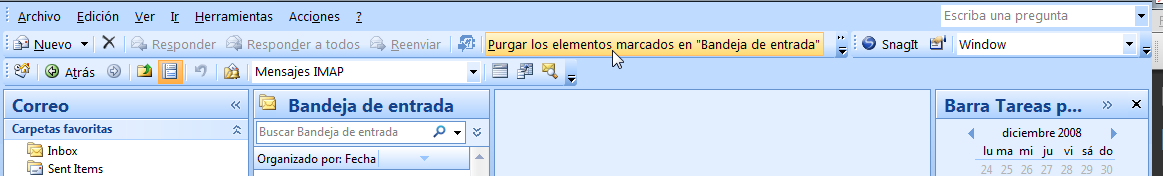 Borrado permanente en Microsoft Outlook 2007 Figura 8.3. Ventana de personalización Customize Arrastre y suelte el icono a la barra de herramientas. Cierre el cuadro de diálogo Customize.