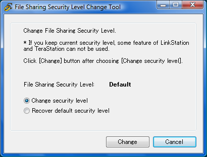 Apéndice 2 1 Cuando se abra la ventana [Change File Sharing Security Level] (Cambiar nivel de seguridad al compartir archivos), seleccione [Change security level] (Cambiar nivel de seguridad).