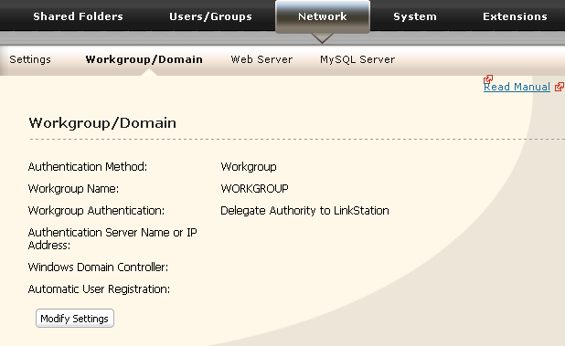 1 1 En la interfaz de Web Admin, vaya a [Network] (Red) - [Workgroup/Domain] (Grupo de trabajo/dominio). 2 Haga clic en [Modify Settings] (Modificar configuración).