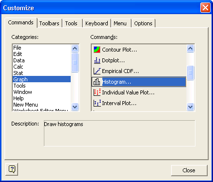 Creación de una barra de herramientas personalizada Personalización de Minitab Añadir comandos a la barra de Añada comandos a la barra de herramientas vacía.