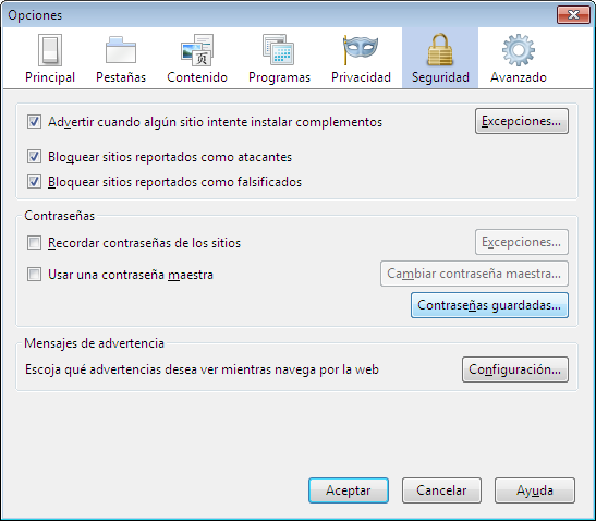 Configurar navegadores Recordar contraseñas en Firefox: En Firefox 3.