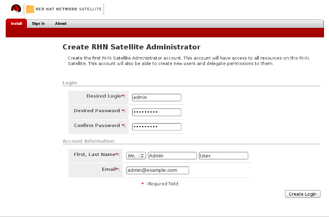 Sat lite Red Hat Network 5.5 Guía de instalación Figura 4.1. Creación de la cuenta de administración 4.4.3.