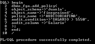 Obtendremos un resultado parecido a esto: AUDITORÍA EN ORACLE Para finalizar la sesión de LogMiner solo es necesario ejecutar el siguiente comando: SQL > exec DBMS_LOGMNR.