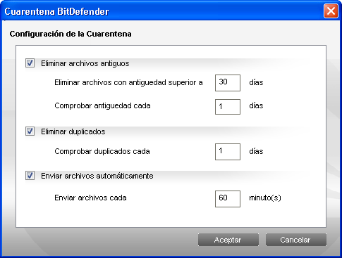 Configuración de la Cuarentena Al utilizar las opciones de la cuarentena conseguirá que BitDefender realice automáticamente las siguientes acciones: Eliminar archivos antiguos.