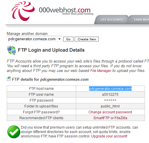 Pinchando en View FTP Details nos saldrán los datos para conectarnos por FTP y poder subir los ficheros del programa